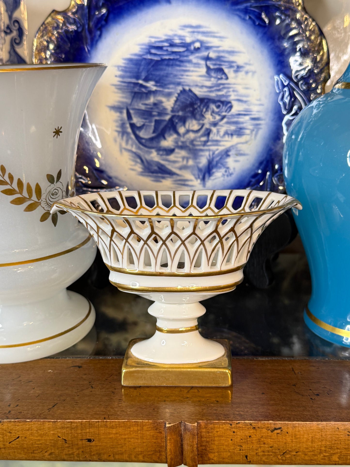 Vintage European Pierced Porcelain Pedestal Compote – White & Gilt – 4”