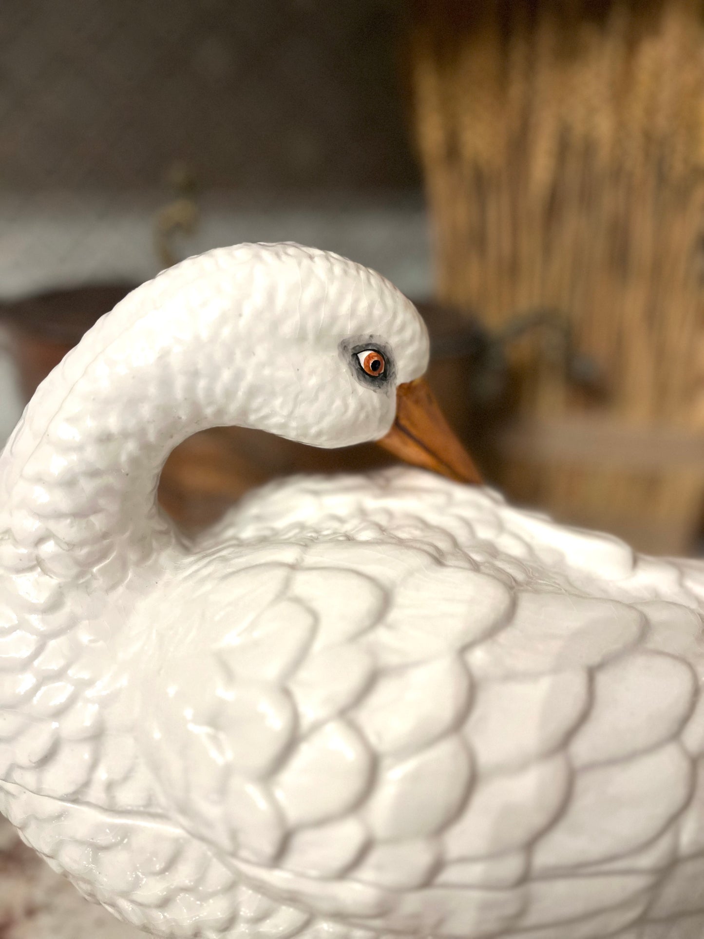 Elegant Mid Century Italian Hand Painted Goose Covered Dish – Base Greens, Rose & Gold