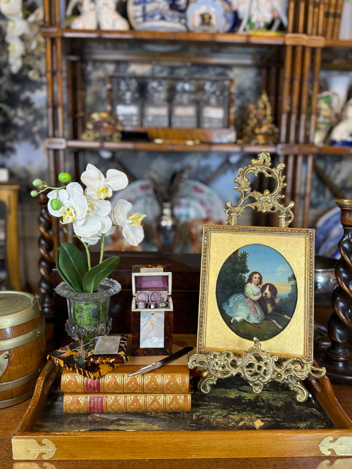 Antique c.1850 Oil on Tin After Franz Xaver Winterhalter | Mlle Virginie de Sainte-Aldegonde with Mastiff | Original Gilt Wood Frame | 8” × 7”