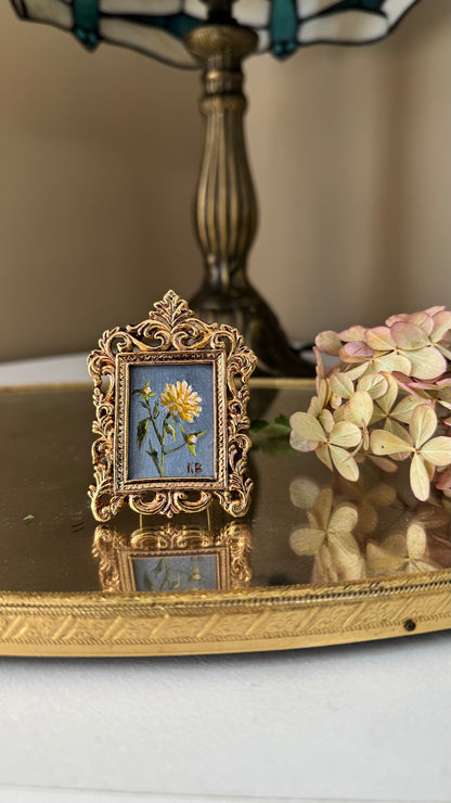 Day 14 yellow peony, original oil painting in miniature pewter frame