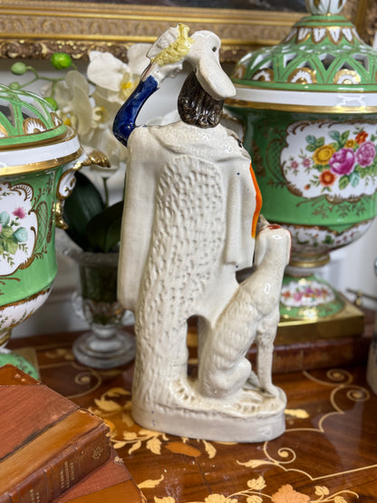 Antique Staffordshire Figure of Huntsman with Dog & Bird – 14” Tall Hand-Painted English Pottery