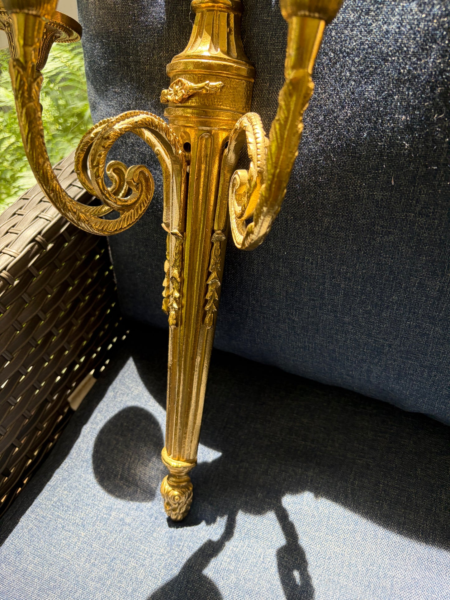 Stunning Louis XVI style ornate brass sconces pair with 3 arms!