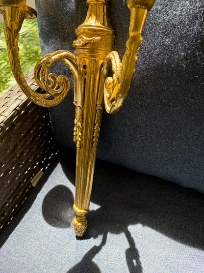 Stunning Louis XVI style ornate brass sconces pair with 3 arms!