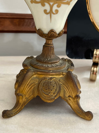 Pair of French Hand-Painted Pastoral Porcelain & Bronze Garniture Urns