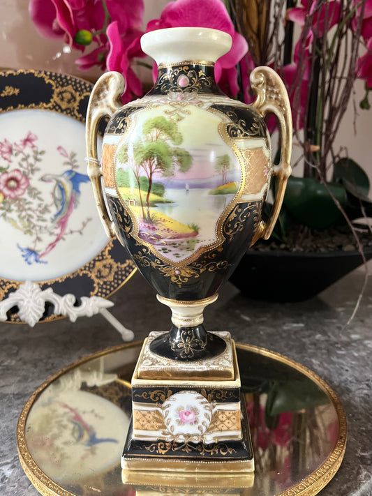 Antique Moriage Scenic Two-Handled Bolted Pedestal Vase | Black Ground & Raised Gilding  Old Noritake Backstamp