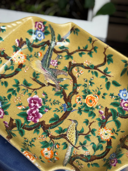 Danny’s Fine Porcelain - Yellow Hand-Painted Chinoiserie Porcelain Tray with Birds & Blossoms