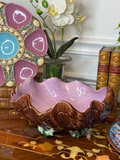 Antique French Majolica Oyster Shell Bowl | Pink Shell Form Centerpiece | 9” | Victorian Oyster Style