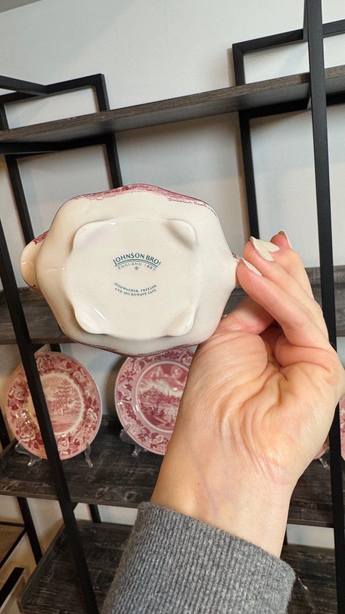 Vintage Johnson bros porcelain red transferware gravy boat creamer