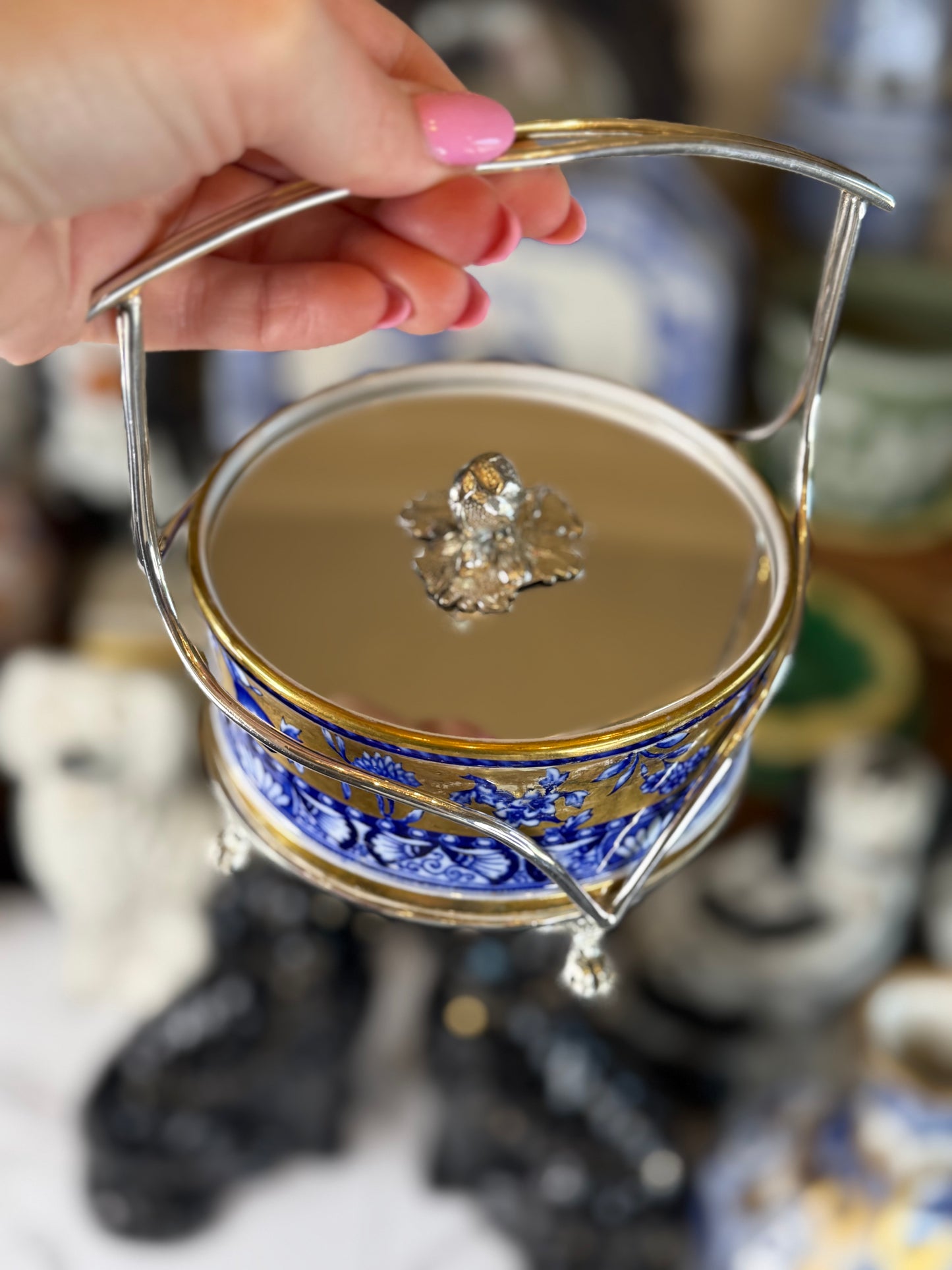 Antique Copeland Aesthetic Design Blue & Gold Porcelain Butter Dish with Silver Plate Frame | Circa 1851–1885 | 7"W to Handle x 5"D | Style DA4490