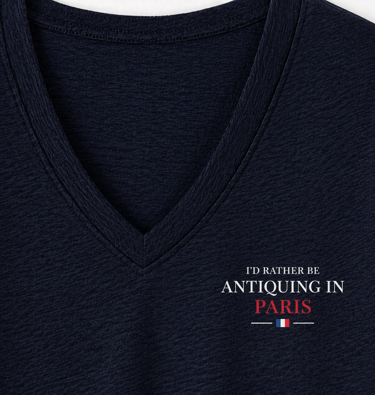 Rare and Worn | I’d Rather Be Antiquing In Paris - Embroidered Collector’s Mark V-neck Relaxed Tee - Navy