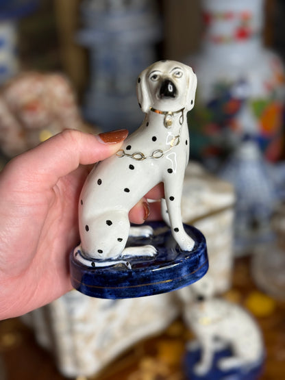 Vintage Pair of Hand-Painted Porcelain Dalmatian Dogs on Cobalt Bases (5.25”) English