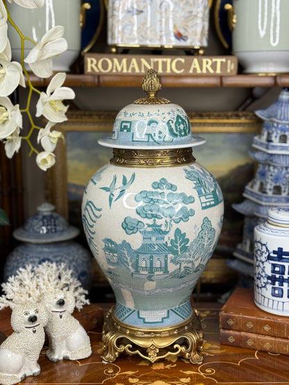 Danny's Fine Porcelain: Turquoise Willow Pattern Bronze Ormolu Temple Jar: 19”Tall,10Lx10W
