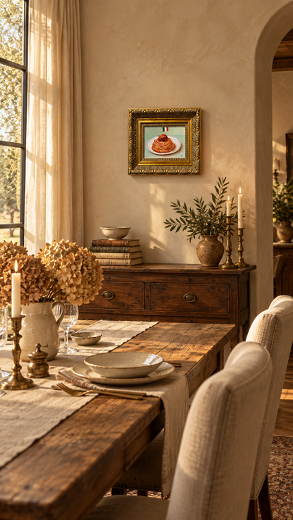 Italian Spaghetti and Meatballs Original Oil Painting Framed Kitchen Wall Art