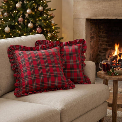 Red Plaid Christmas Plaid Ruffle Throw Pillow W/ Down Insert | 18 x 18"