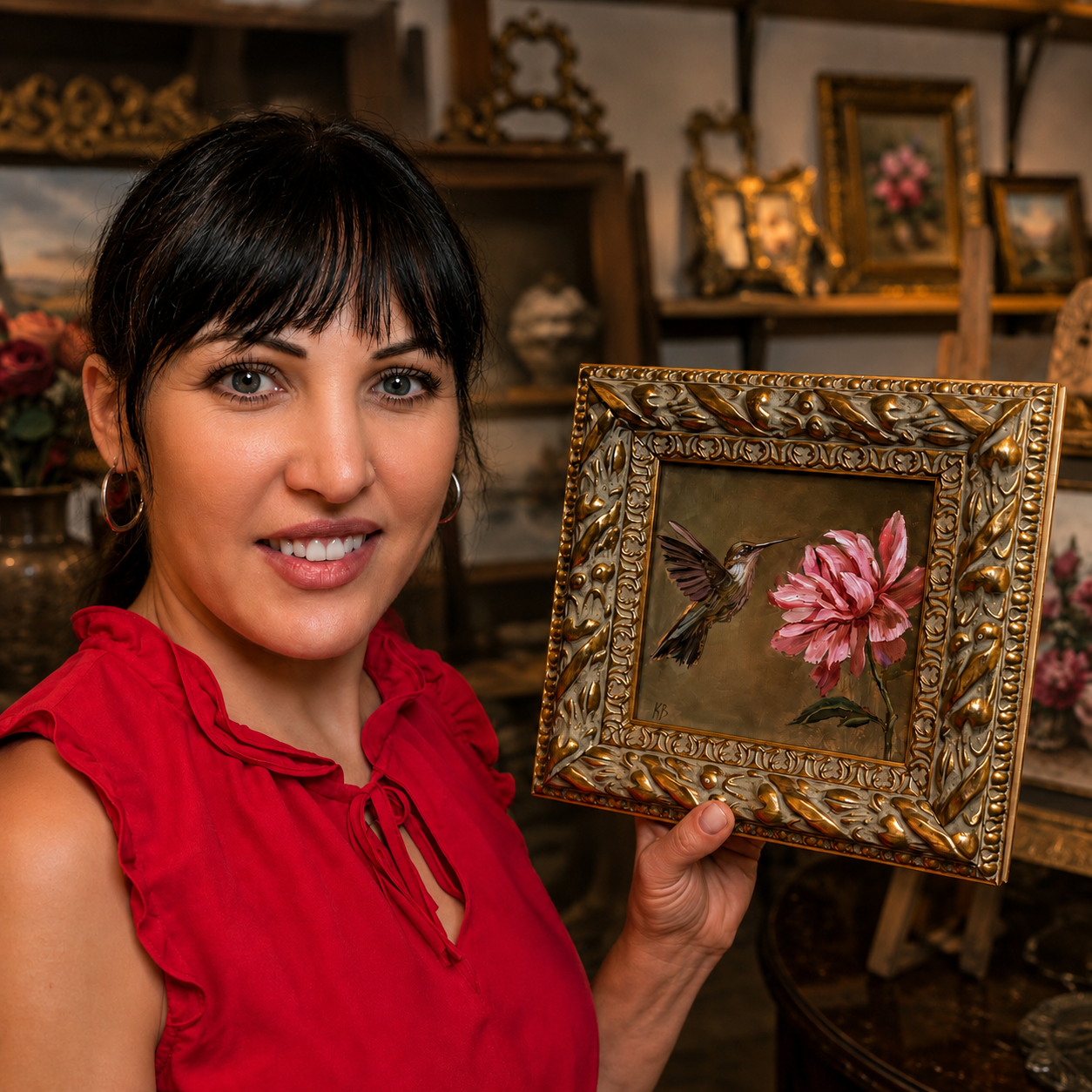Live 08/11 Hummingbird and pink peony original oil painting framed in wooden gold frame 9.5x9.5”