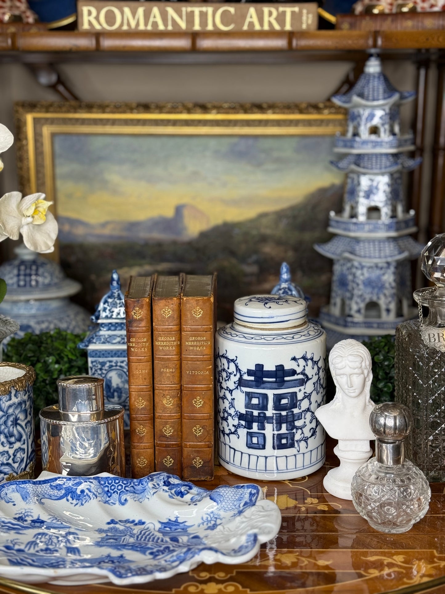 Danny's Fine Porcelain: Blue & White, 7" Tall Double Happiness, Hand Painted Tea Caddy Jar
