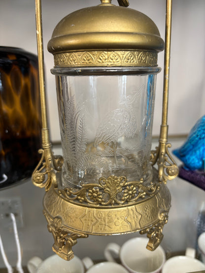 Stunning antique pickle jar in cast metal with bird details!