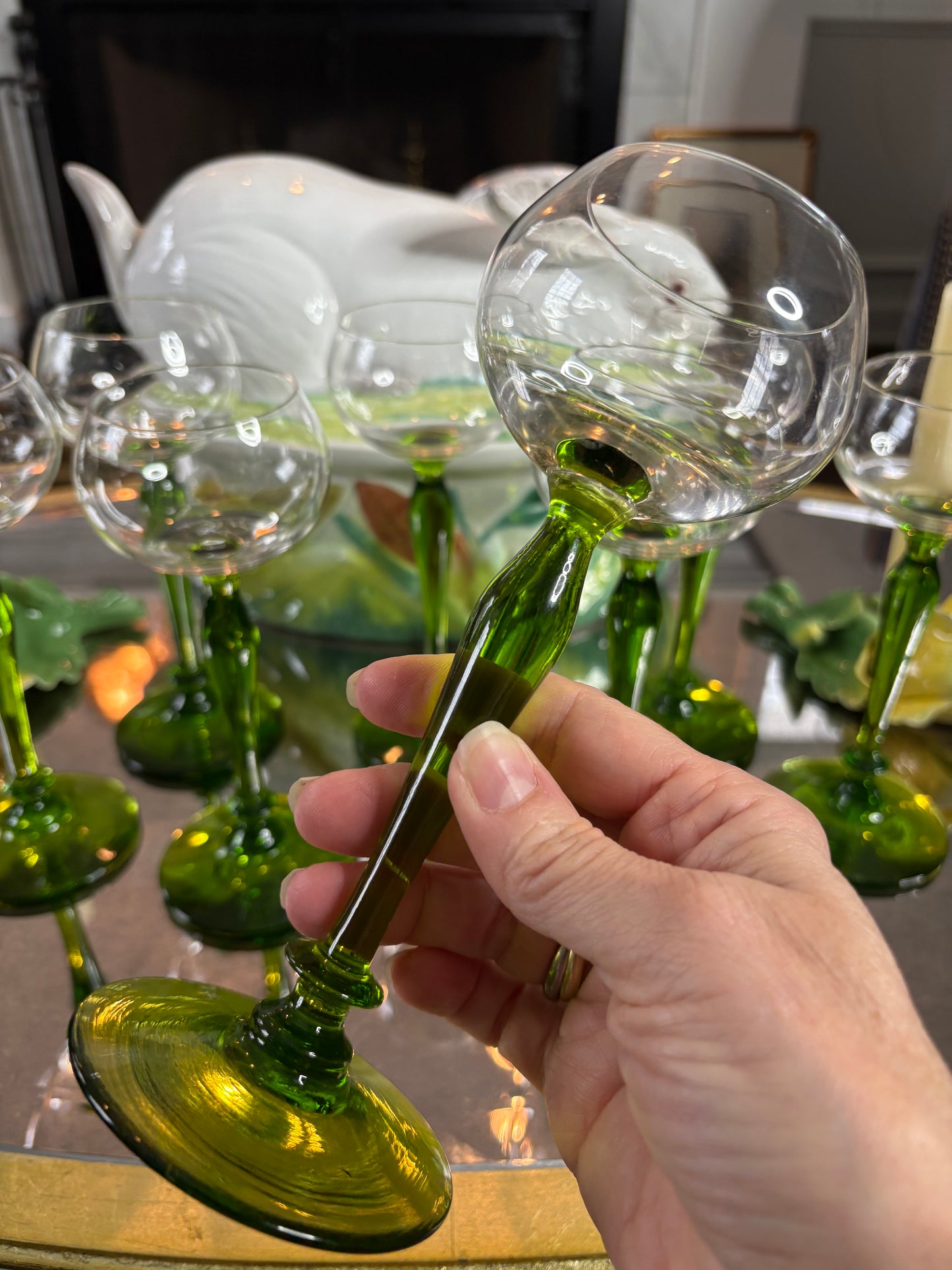 Set (8) Vintage Green Blown Stem Glasses