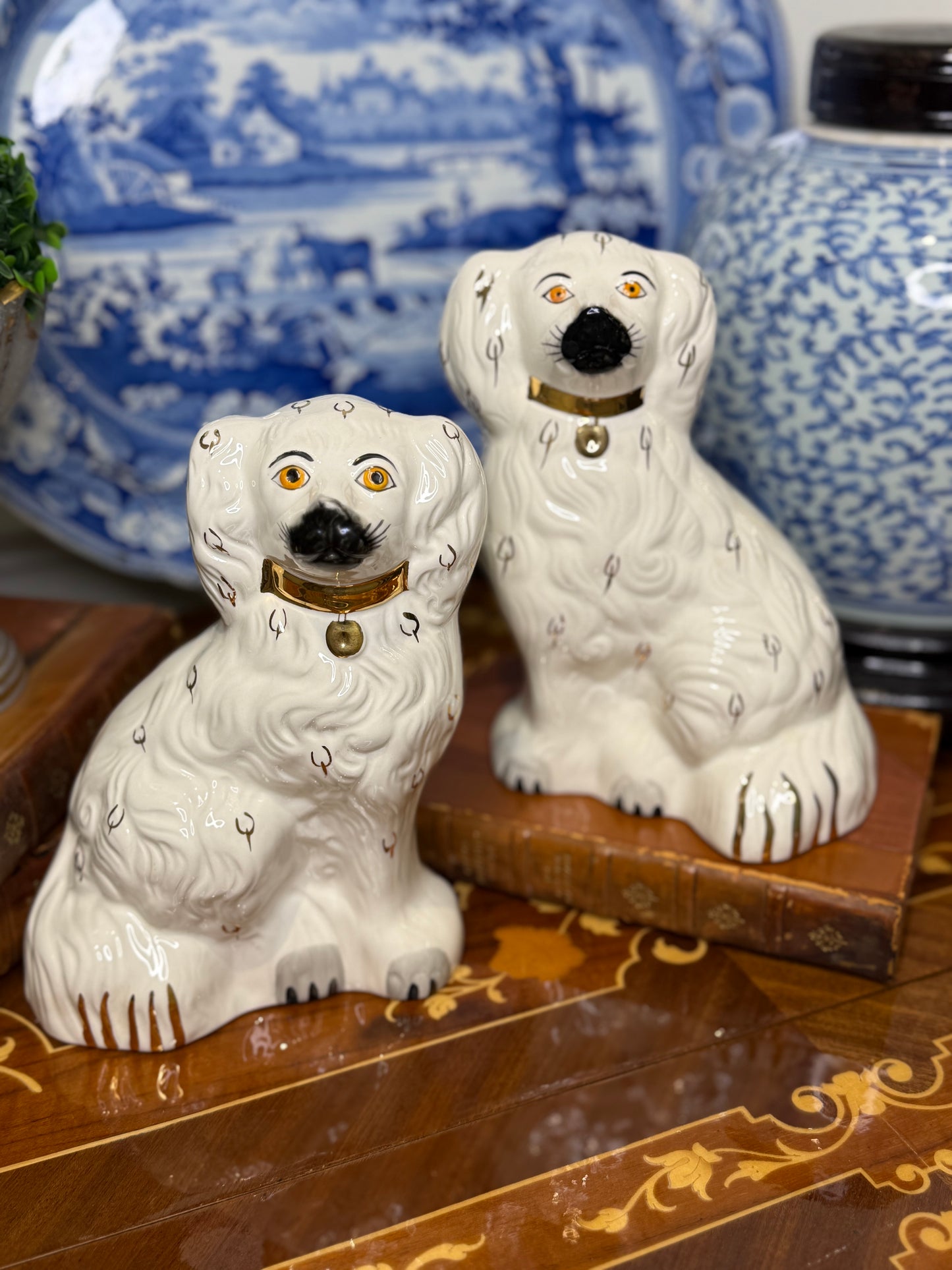 Pair of Beswick England Spaniel Figures | White Glaze with Gilt Collars | 8”