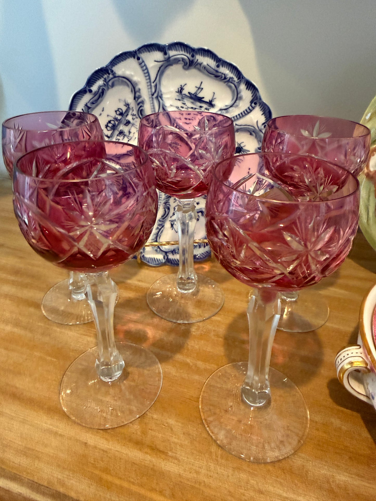 Vintage Pink Cut to Clear Set of 5 6.5” Glasses by Bayel