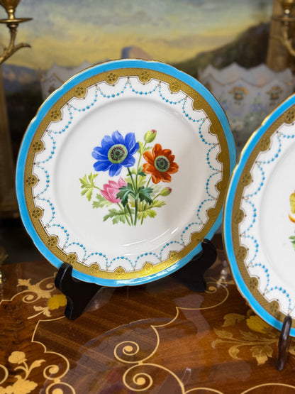 Antique Set of 3 Minton Botanical Hand-Painted Dessert Plates with Raised Jewelling & Acid-Etched Gilding – 9” Dia.
