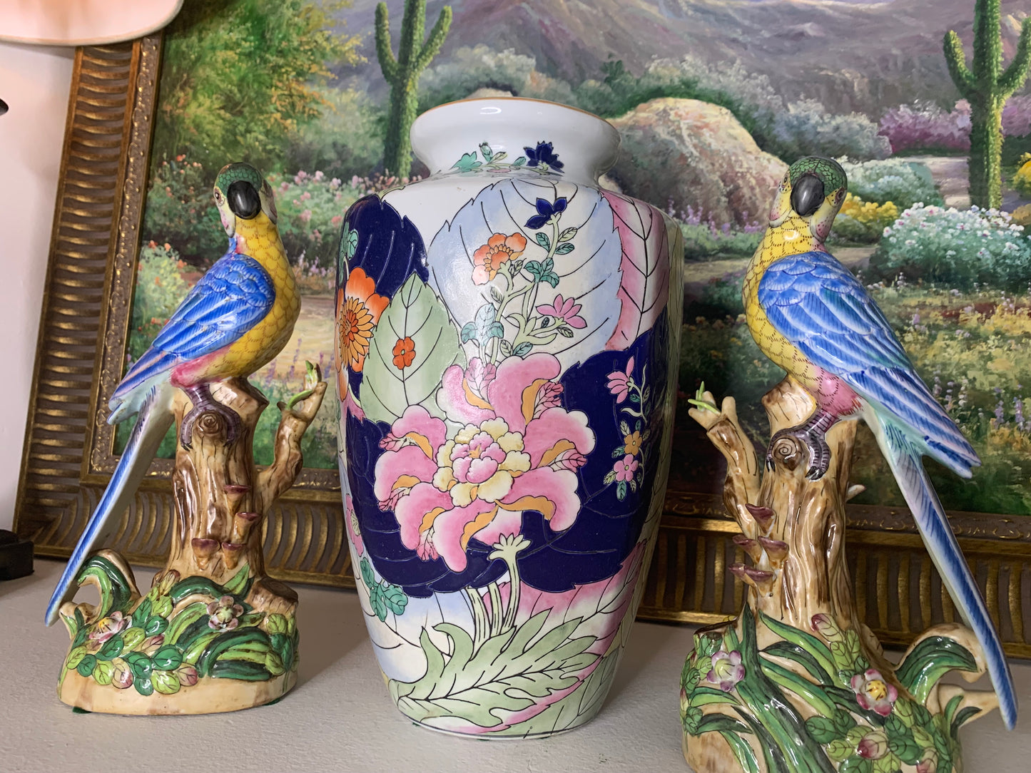 Stunning 11” tall Andrea by Sadek parrots with vivid hues, flowers, and intricate details! Excellent condition!