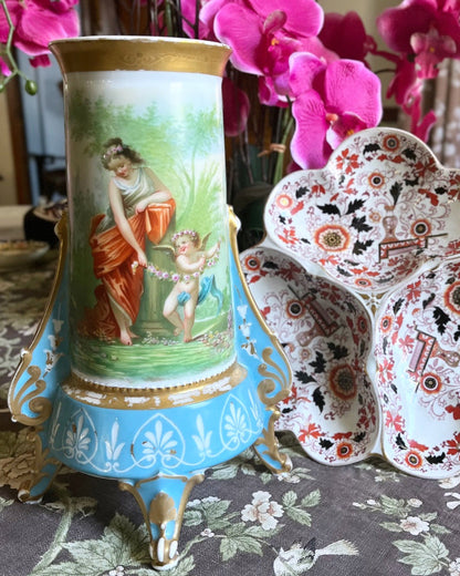 Antique French Paris Porcelain Tripod Vase, Bleu Céleste, Hand-Painted Maiden & Cupid, c. 1870