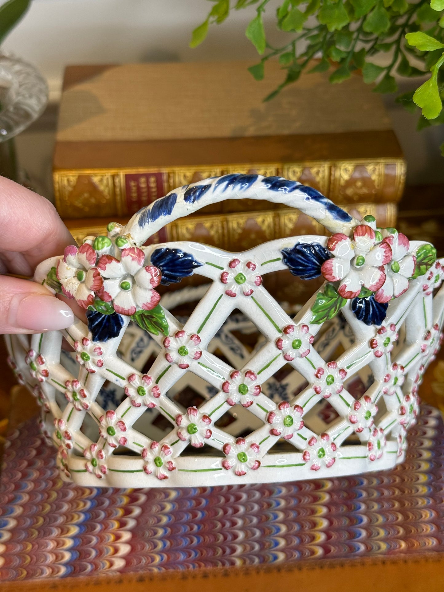 Rare Antique Booths Silicon China “Scale Blue” Exotic Birds Pierced Fruit Basket | 9” x 8”