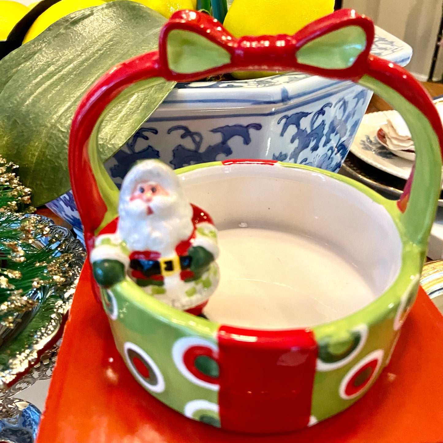 Vintage Fitz & Floyd Holiday cheer Christmas Santa bow candy dish
