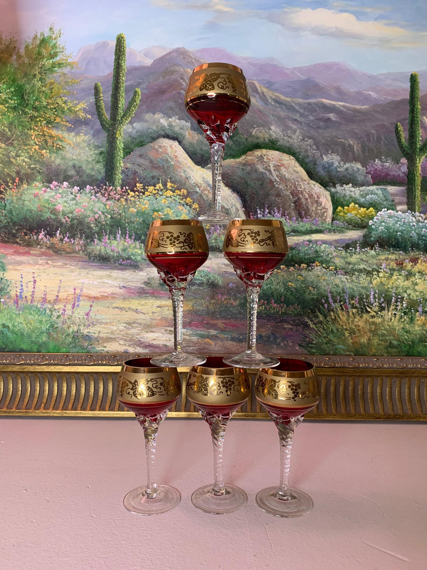 Stunning set of 6 Murano cordial liquor glasses with ruby red and gold gilded! - Excellent condition!