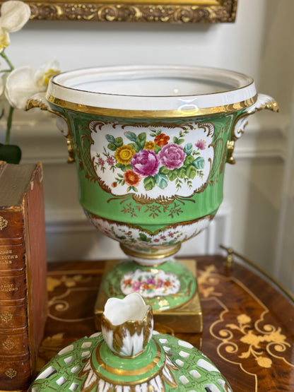 STUNNING - 16” Tall, Chelsea House Green Lattice Porcelain Urn Pair with Domed Covers & Finials