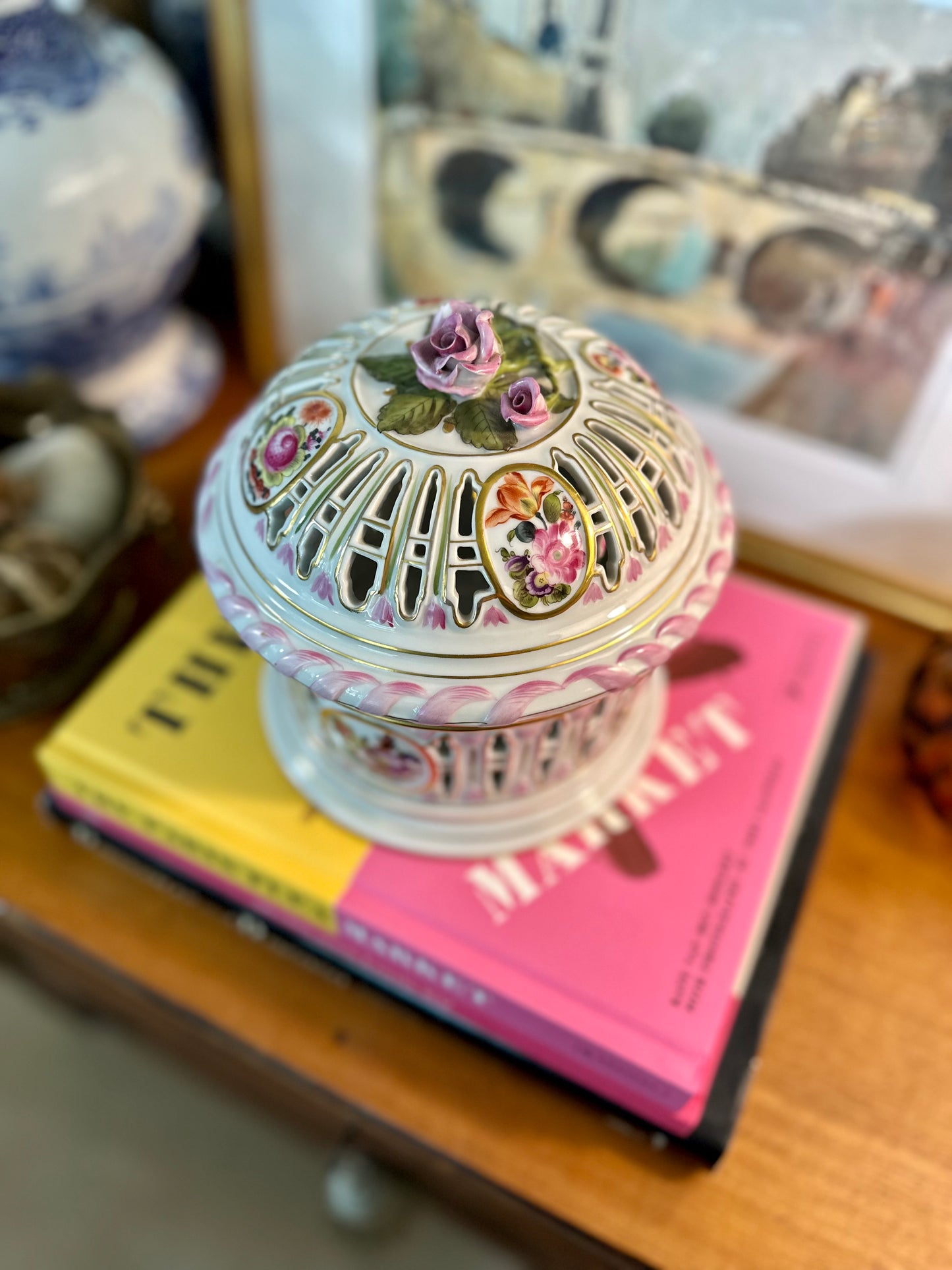 Vintage Herend Saxonian Bouquet Reticulated Biscuit Barrel, Made in Hungary, 7.5"