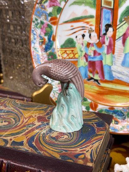 Miniature Chinese Porcelain Bird on Celadon Rock | Mid-Century Export Figurine, 2.5” Tall