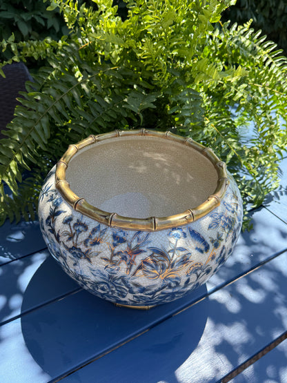 Danny’s Fine Porcelain - Midnight Garden Porcelain Floral Round Planter with Bronze Ormolu, 12"L x 12"W x 9"H