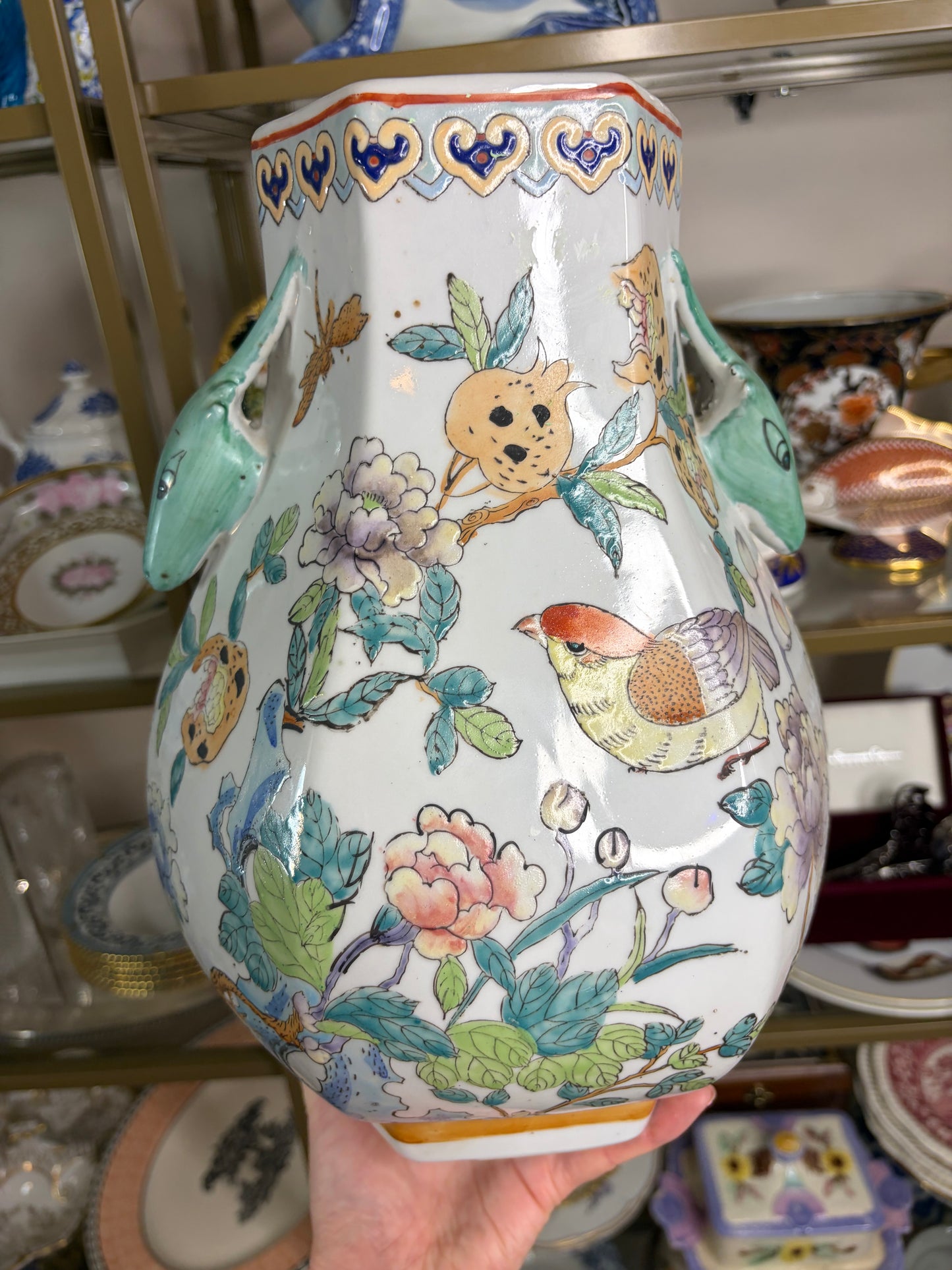 Stunning chinoiserie vase with birds and florals and deer handles!