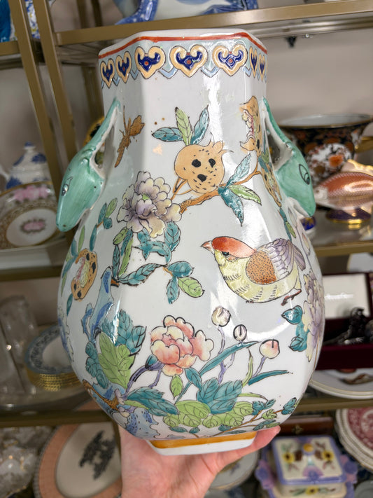 Stunning chinoiserie vase with birds and florals and deer handles!