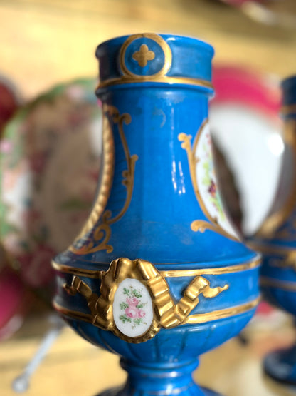 Pair Antique French Sèvres Porcelain Vases | Bleu Céleste | Hand-Painted Putti & Floral Panels | Marked c.1841