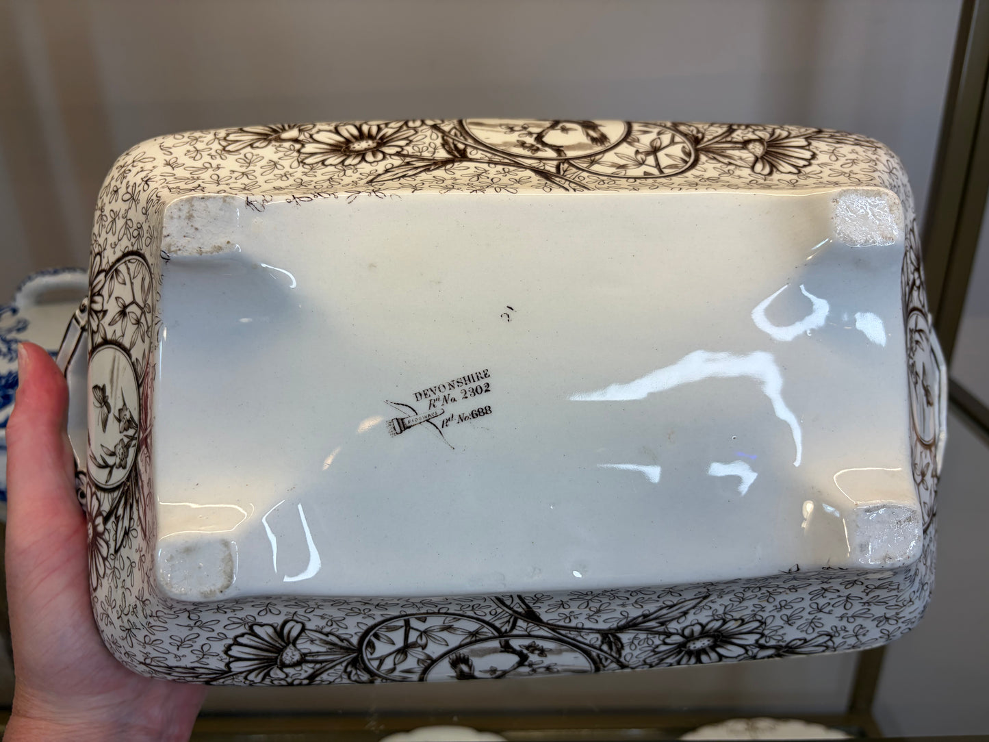 Stunning antique Ridgways brown transferware lidded tureen featuring birds! As is!
