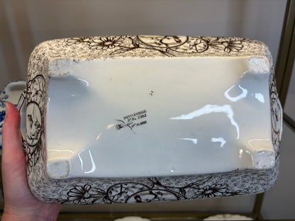Stunning antique Ridgways brown transferware lidded tureen featuring birds! As is!