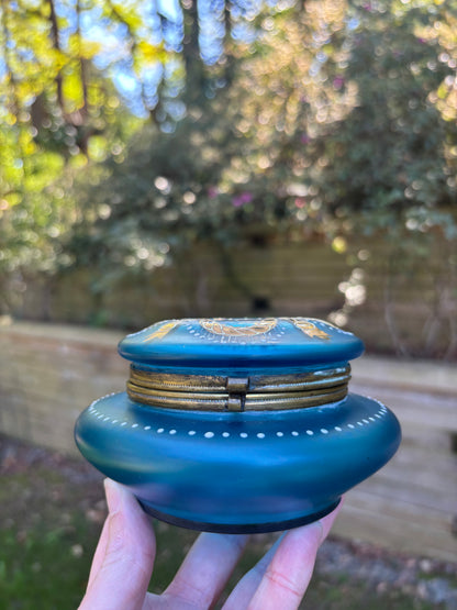 Gorgeous older blue and gold dresser box with handpainted details!