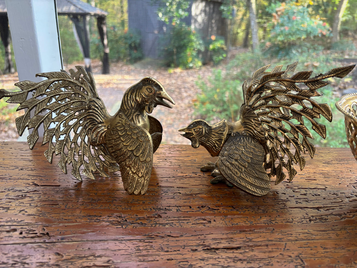 Brass fighting roosters pair!