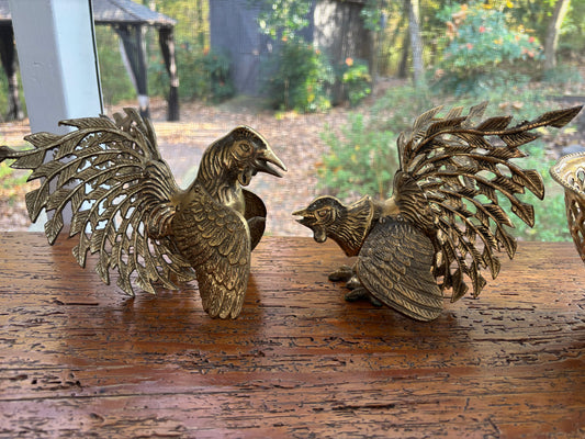 Brass fighting roosters pair!
