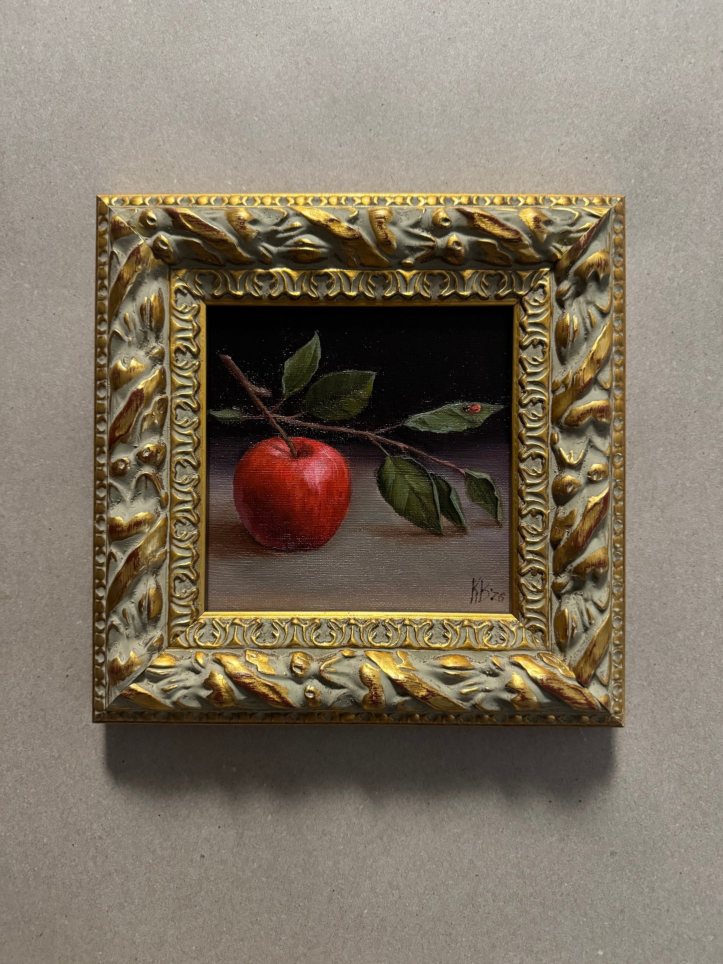 Apple and lady bug original oil painting 9.5x9.5”