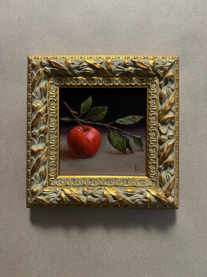 Apple and lady bug original oil painting 9.5x9.5”