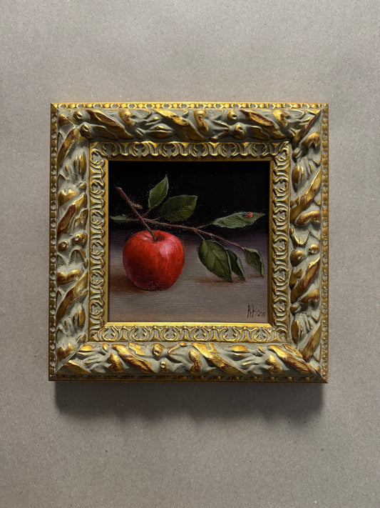 Apple and lady bug original oil painting 9.5x9.5”