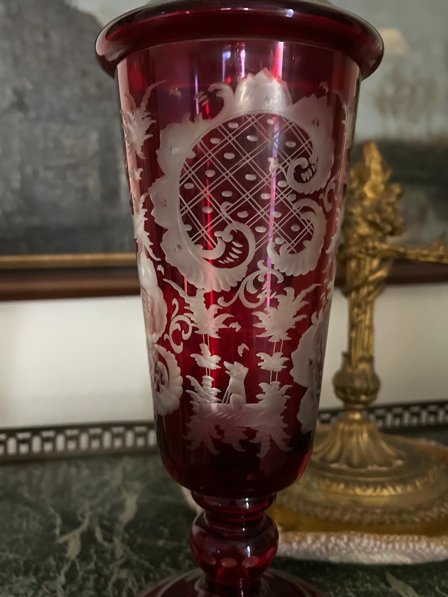 19th Century Continental Ruby Red Cut-to-Clear Lidded Goblets with Landscape Etching, Pair in perfect condition
