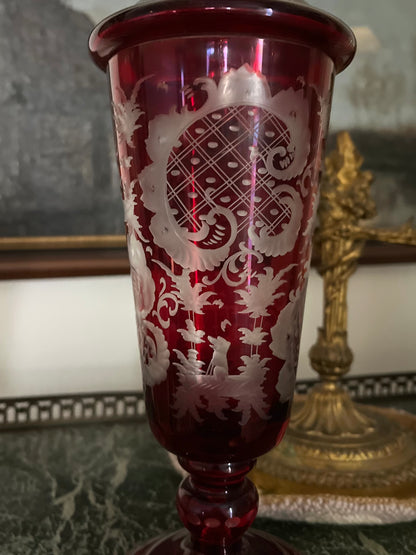 19th Century Continental Ruby Red Cut-to-Clear Lidded Goblets with Landscape Etching, Pair in perfect condition