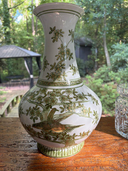 Stunning green, gold, and white vase featuring birds!