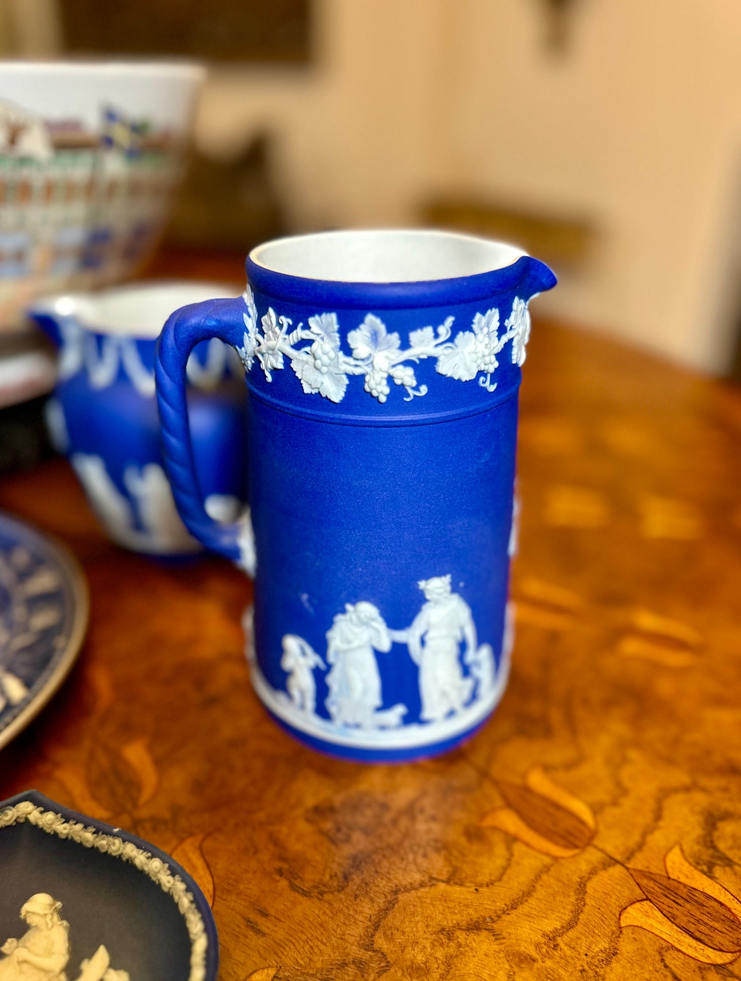 19th Century Antique Wedgwood Cobalt Blue Jasper Dip Pitcher – Classical Figures & Cherubs, c. 1868
