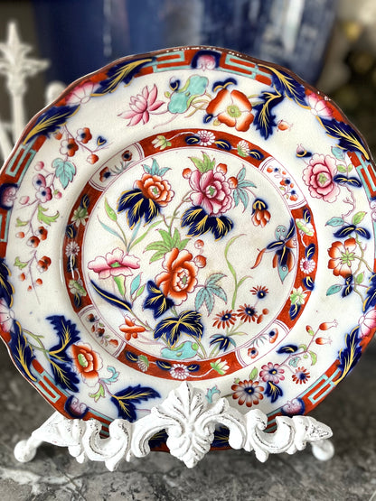 Live 08/25 Pair Of Antique English Staffordshire – Mason’s or Ashworth Bros. c.1850’s Unusual Greek Key Border